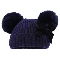 H678-N: Navy Hat w/Pom Poms & Velvet Bow (0-12M)